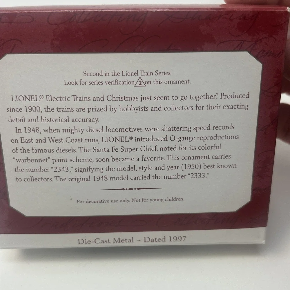 1997 Hallmark Keepsake Ornament 1950 Santa Fe F3 Diesel Locomotive Lionel Train